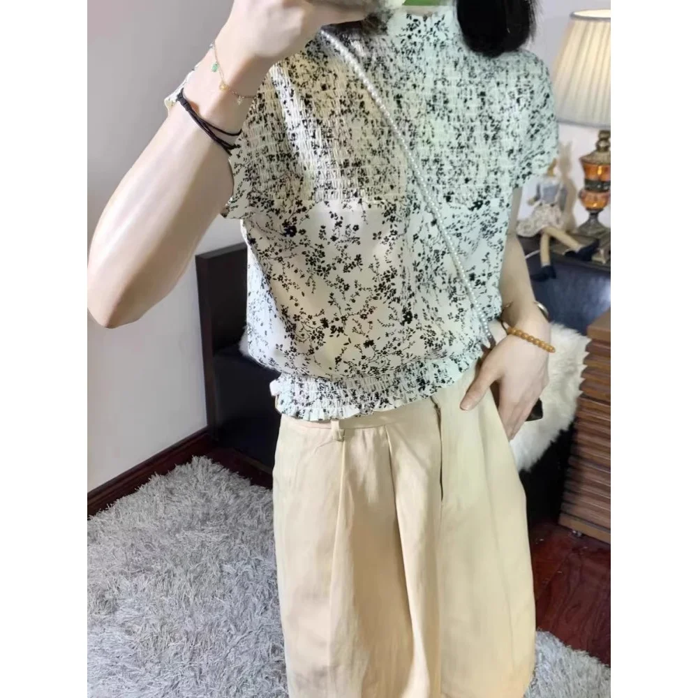 

Summer Korean Style Girls Folded Retro Half High Collar Floral Print Short Slim Fit Women's Shirt Versatile Breathable Thin P...