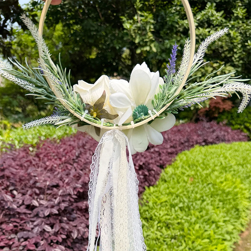 Hochzeits-Brautjungfern-Kranzstrauß, Künstlicher Blumenkranz mit Dahlie und Lavendel, Handgehaltene Blumendekoration für Zeremonie und Brautparty – Detail 4