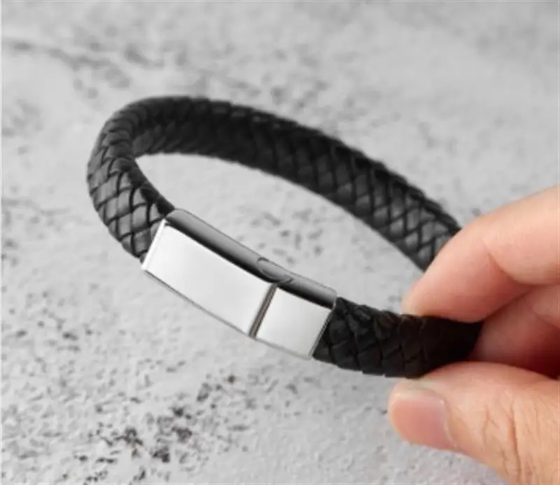 Men Brown/Black Braided Leather Bracelet Stainless Steel Magnetic Clasp Fashion Bangles Punk Male Jewelry Gift Size 18.5-24cm