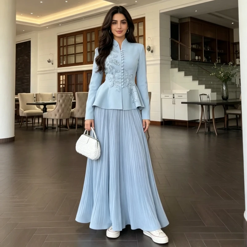 Skirts 2 Piece Set Women Coat Pleated Skirt Suit Muslim Party Ensemble Ramadan Embroidered Jacket Morocco Dubai Eid Outfits