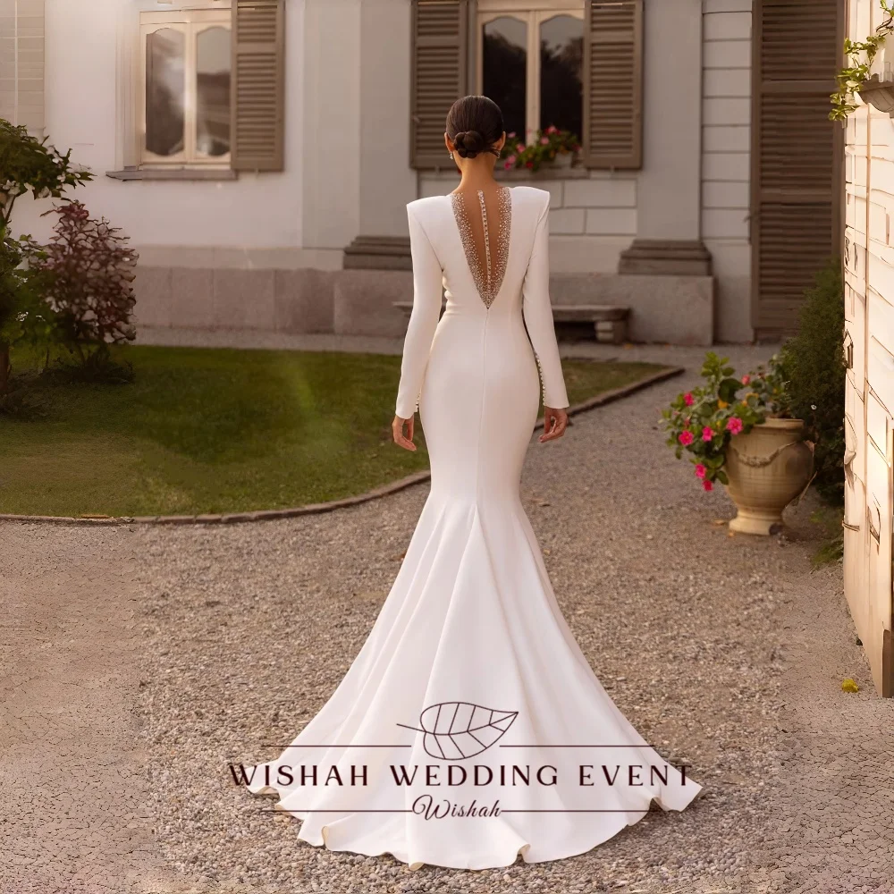 Wishah Customized Elegant White Sexy Deep V-neck Long Sleeveless Sequins Backless Mermaid Long Bridal Gown for Wedding Party