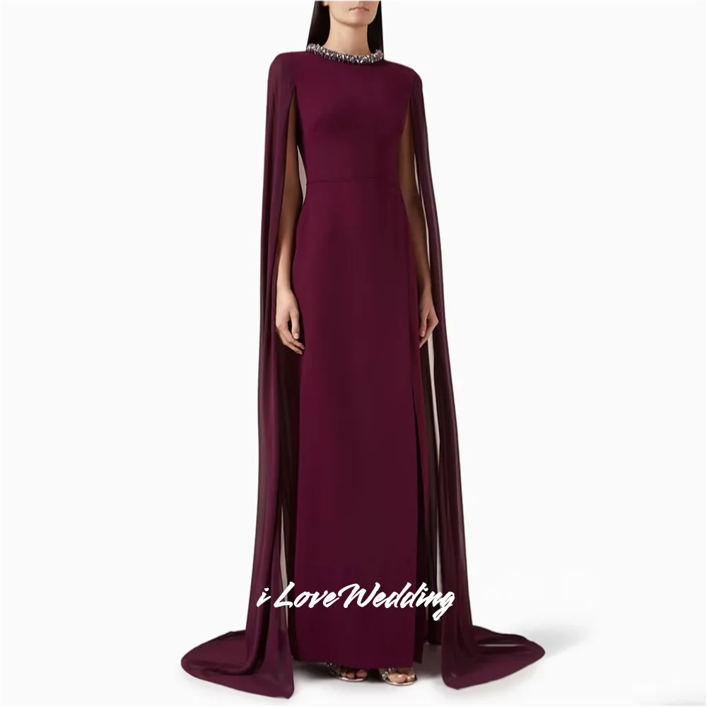 

Saudi Arabia Wine Red O-Neck Prom Dresses Beaded Sleeveless Shawl Mermaid Side Split Party Dress Floor-Length Pleated Customized