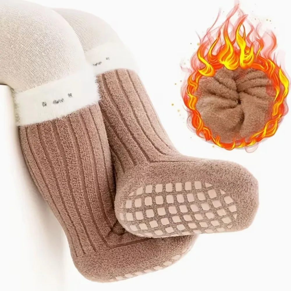 1-5Y Kids Floor Socks, Autumn/Winter Fleece-Lined Thick Warm Unisex Baby Mid-Calf Socks, Toddler Non-Slip Walking Socks