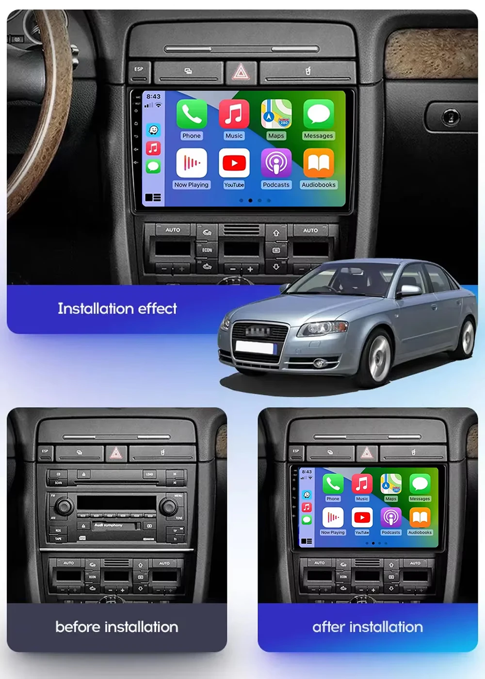 For Audi A4 II 2 B6 III 3 B7 2000 - 2009 2K 12+256 QLED Android 16 CarPlay Car Radio Multimedia Video Player GPS stereo 4G WIFI