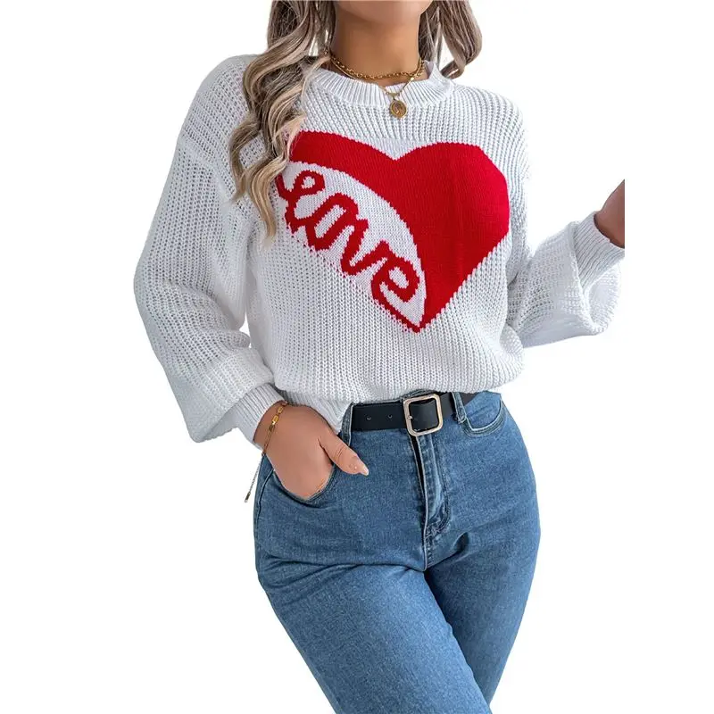 CYL-Valentine's Day Sweater For Women Heart Woven Knitted Pullover Long Sleeve Woven Knitted Casual Sweater