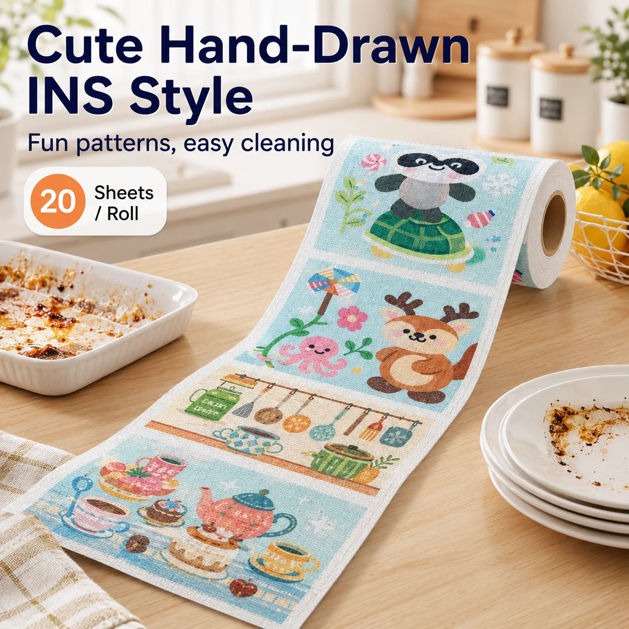 20Pcs/roll Cartoon INS Style Disposable Cleaning Cloth Roll Thickened Absorbent Kitchen Dish Towel Hand Tear Rag for Home