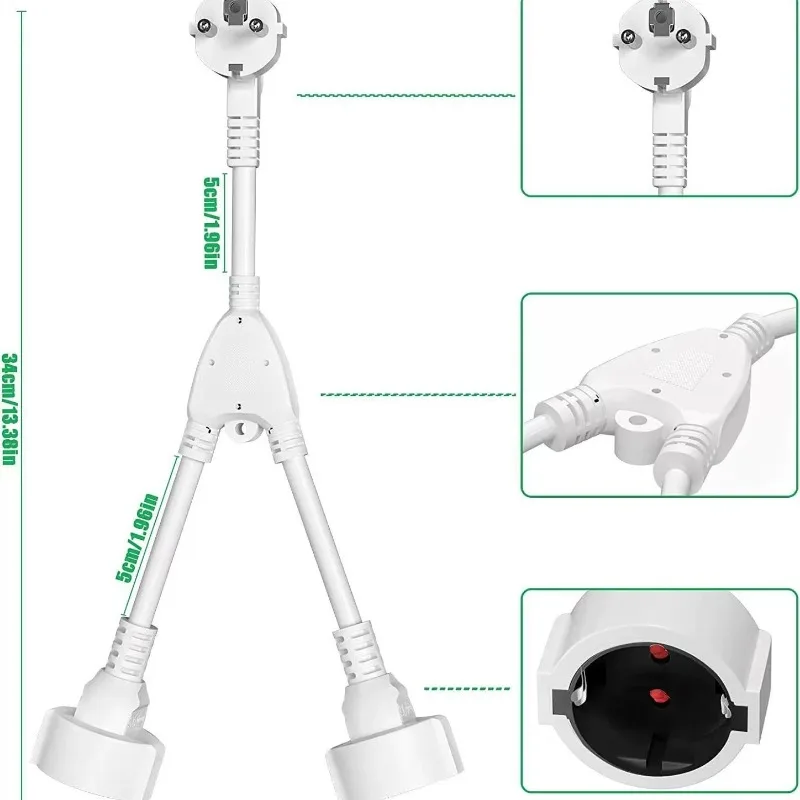 34cm Plastic Cable Short Cable with 2 Outlets,Protective Contact Extension Cord,Socket IP20 Eu with Dual Plugs for Home, Office