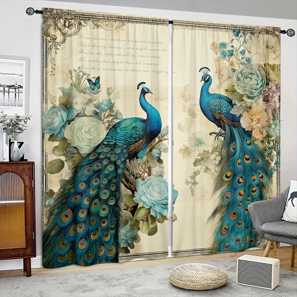 

2pcs Peacock Style Printed Curtain For Home Decor Rod Pocket Window Treatment For Bedroom, Office, Kitchen, Living Room,