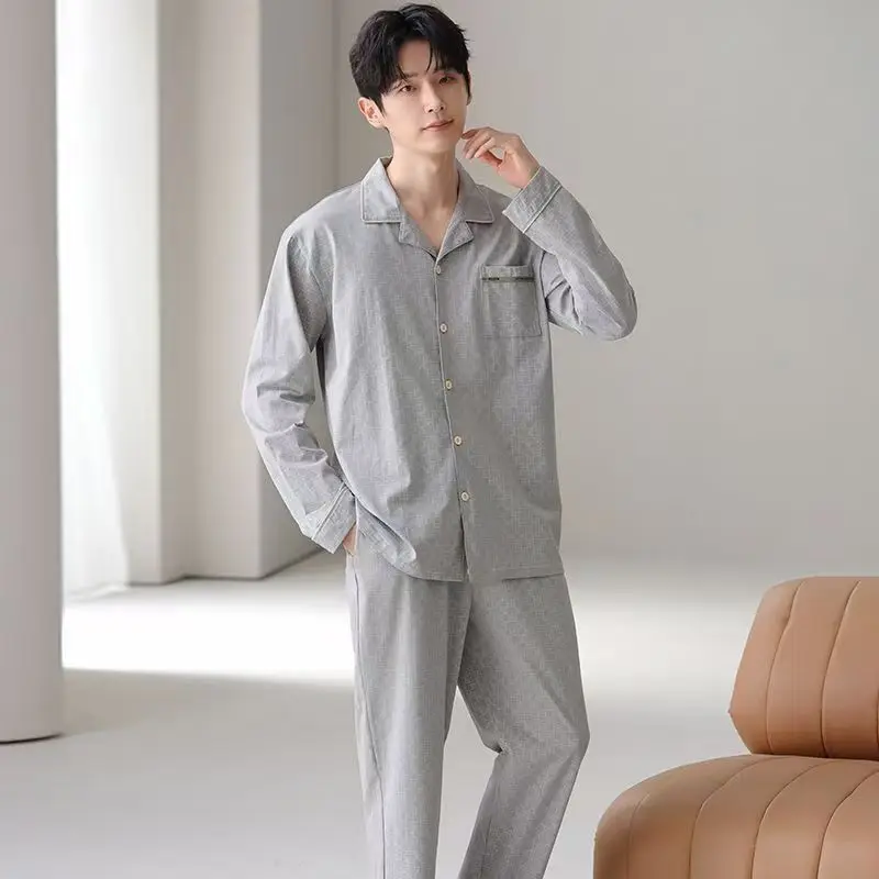 New Casual Pajamas for Men, Spring and Autumn Long-Sleeved Lapel Cardigan, Youth Boys' Style, Can Be Worn Outside, Suit, Home Wear