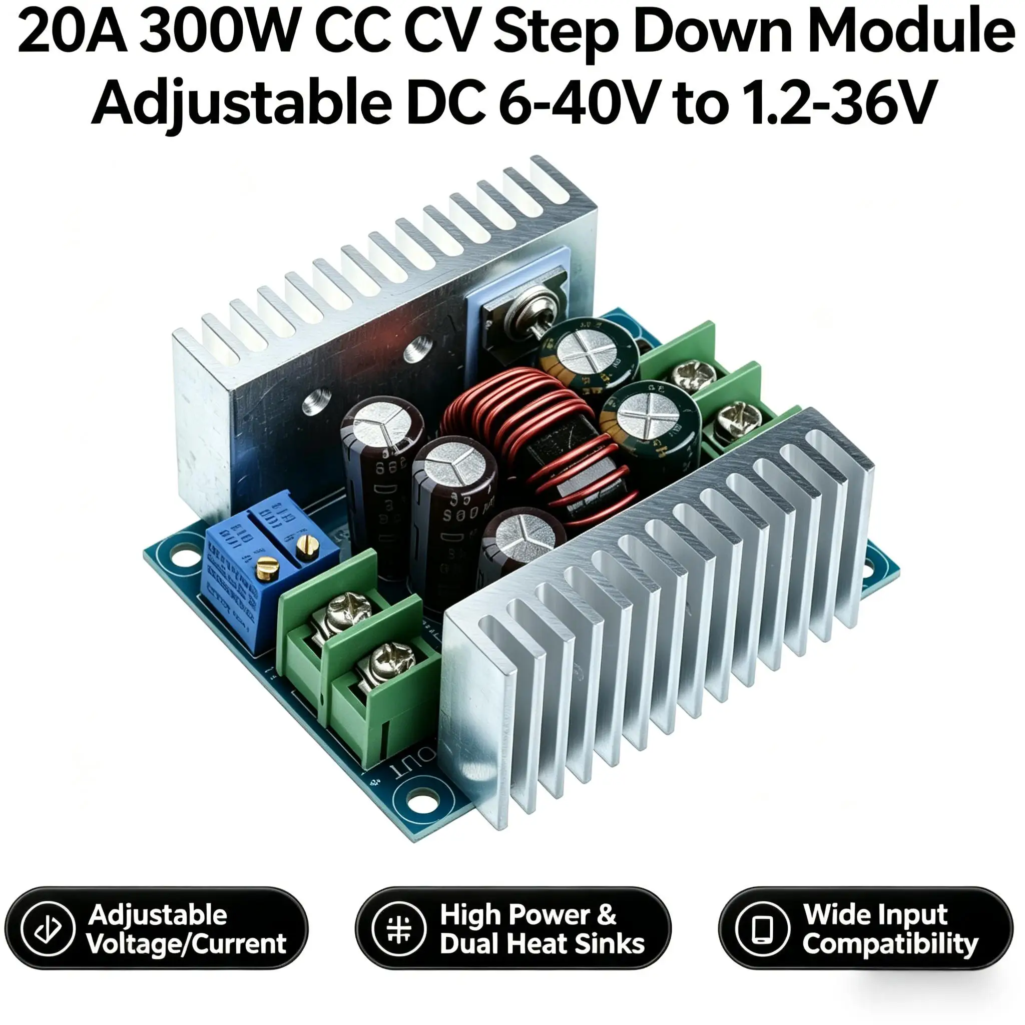 20A 300W CC CV Step Down Module Adjustable DC 6-40V to 1.2-36V Voltage Regulator Buck Converter Constant Current Power Supply