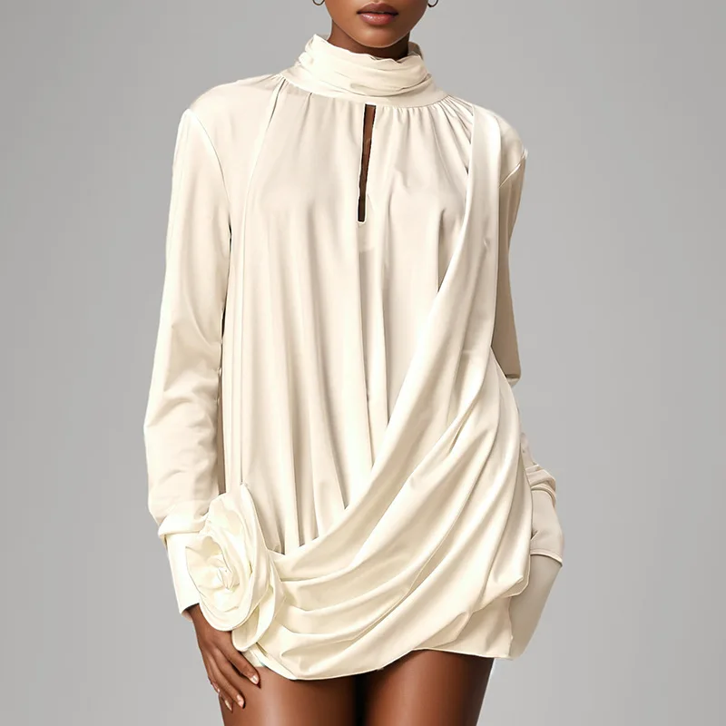 

French Elegant Style Half-High Collar Long Sleeves Skirt2025New Three-Dimensional Flower Decoration Pleated Short Dress Women