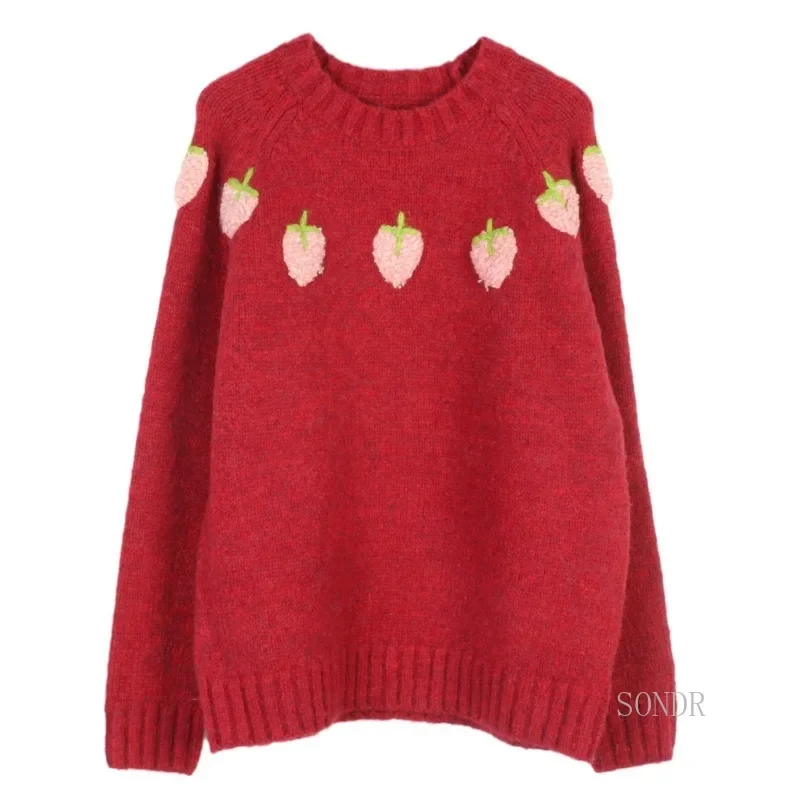 Red Strawberry Crew Neck Pullover Sweater Soft Waxy Lazy Loose Knitted Sweater Women Thick Winter Tops Sueter Mujer Jersey