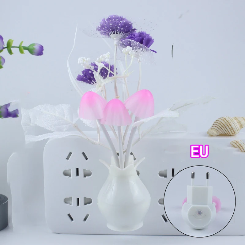 Lámpara de luz nocturna LED Lila colorida Rosa encantadora, lámpara de seta, iluminación nocturna Lila romántica para decoración artística del hogar, enchufe de EE. UU./UE