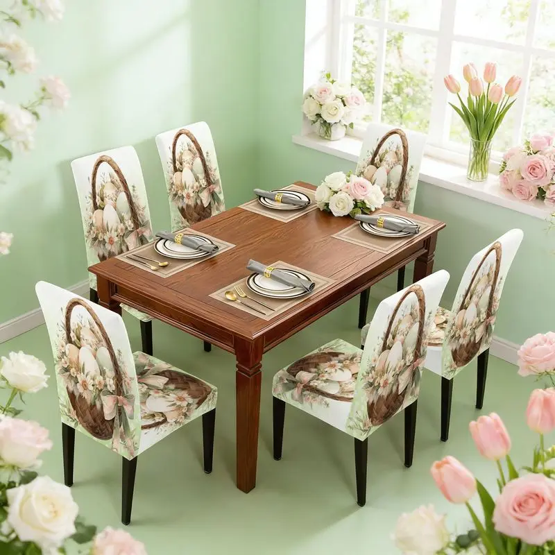 Flat print elastic dining chair cover set basket with colorful egg pattern, spring Easter theme, chair cover