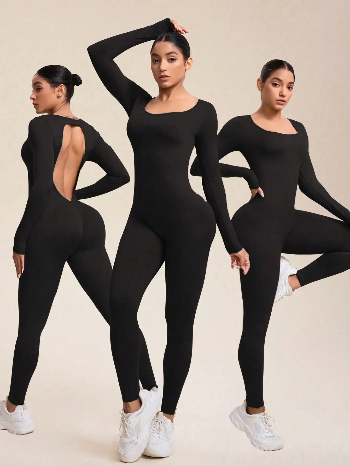 Women Jumpsuits Long Sleeve Sexy Backless Bodycon Rompers Scrunch Butt V Back Playsuit Workout Bodysuit