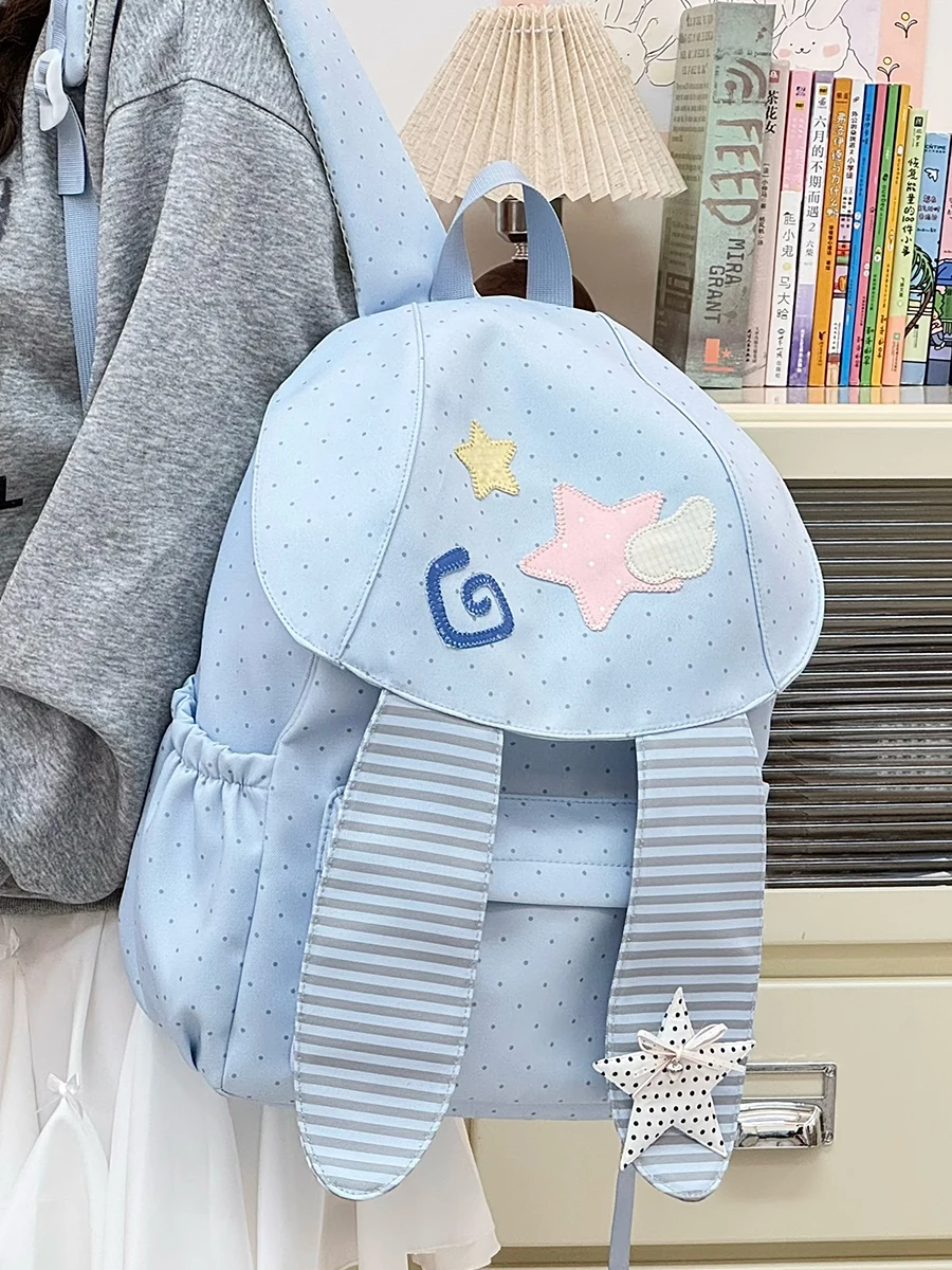 Mochila de Orelhas de Coelho com Estampa de Bolinhas, Grande Capacidade, Leve, para Meninas, Estudantes, Viagens, Material de...