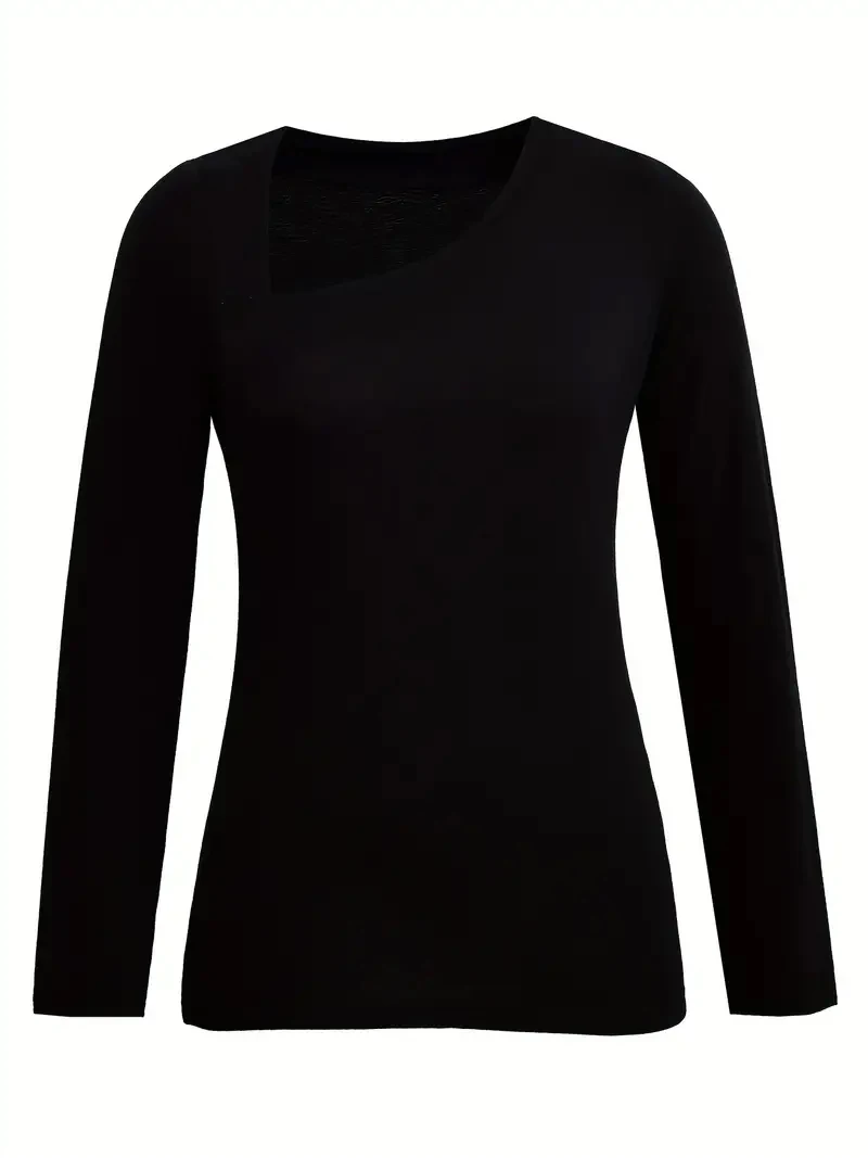 Nice-Forever Sexy Low Cut Solid Color t-shirts with Full Sleeve Women Autumn Winter Tees tops MY558