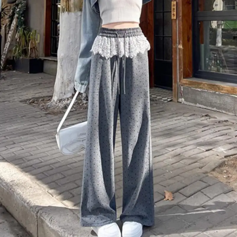 Sweet and Lovely Student Flower Pants New Women's Loose Straight Leg Pants Fashionable Girls' Casual Wide Leg Pants Versatile