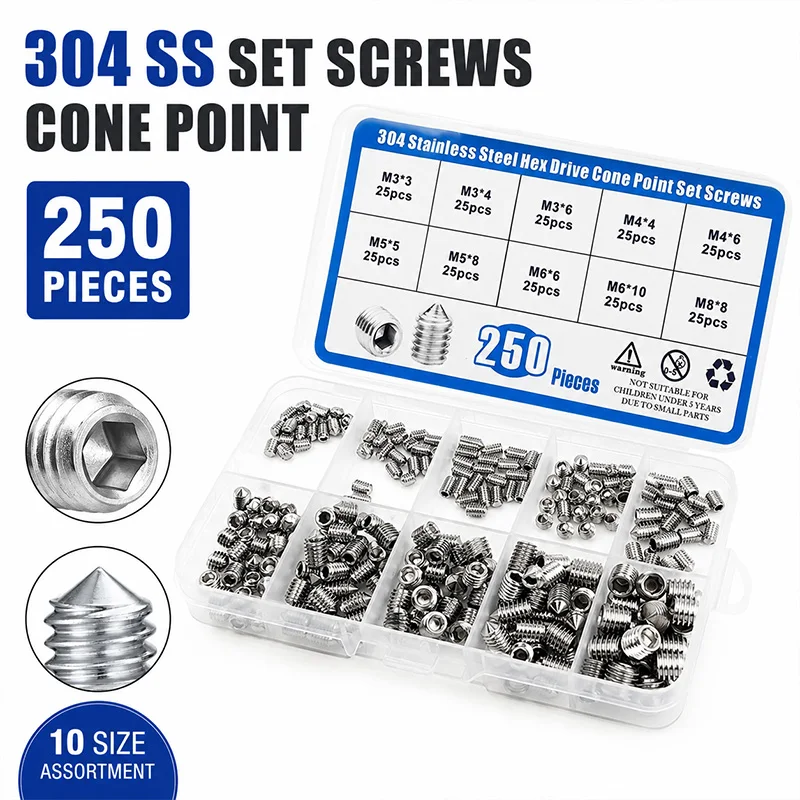 250Pcs M3-M8 Stainless Steel Hex Socket Cup Point Grub Screw Assortment Allen Head Set Screws for Metalworking with Storage Box