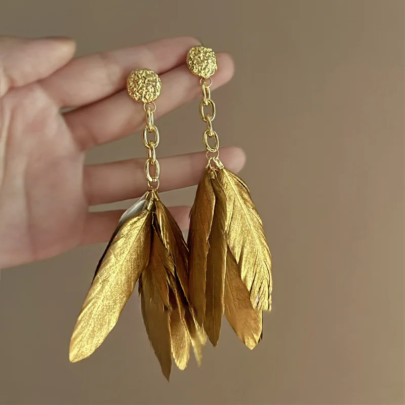

Minar 2024 New Metallic Feather Hollow Link Chain Long Tassel Dangle Earrings for Women Gold Plated Alloy Statement Jewelry