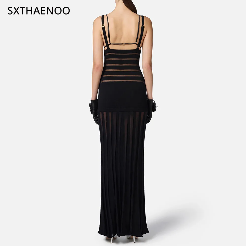 SXTHAENOO Moda sexy scollo a V profondo maglia trasparente patchwork fasciatura pista backless discoteca abito da festa lungo con reggiseno staccato2025