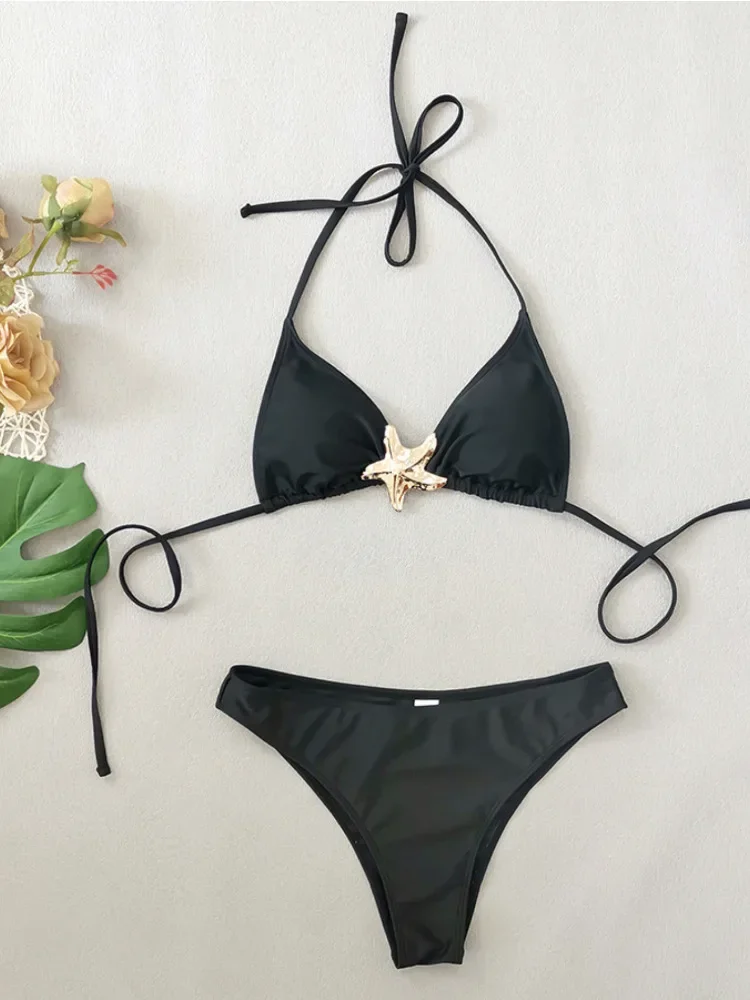 Maillot de bain 2 pièces pour femmes, noir pur, bikini, ensemble deux pièces, décoration d'étoile de mer, sexy, triangle, dos nu, vêtements de plage, nouvelle collection 2025