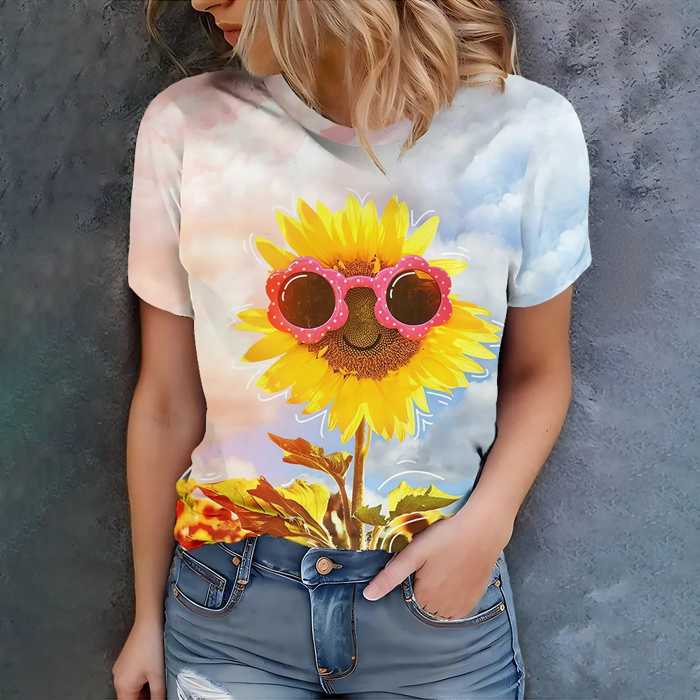 

White Tie Dye With Pink Sunglasses Sunflower Pattern Women's Casual T-shirt - Summer Casual Style Round Neck Short Sleeve
