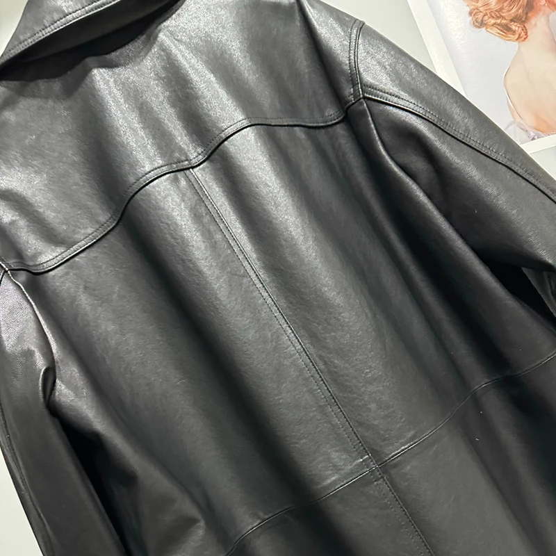 Giacca in pelle Autunno Donna Pelle di pecora conciata al vegetale piena Tasche con risvolto Camicia ampia da medio a lunga Trench Coat Blusas De Mujer