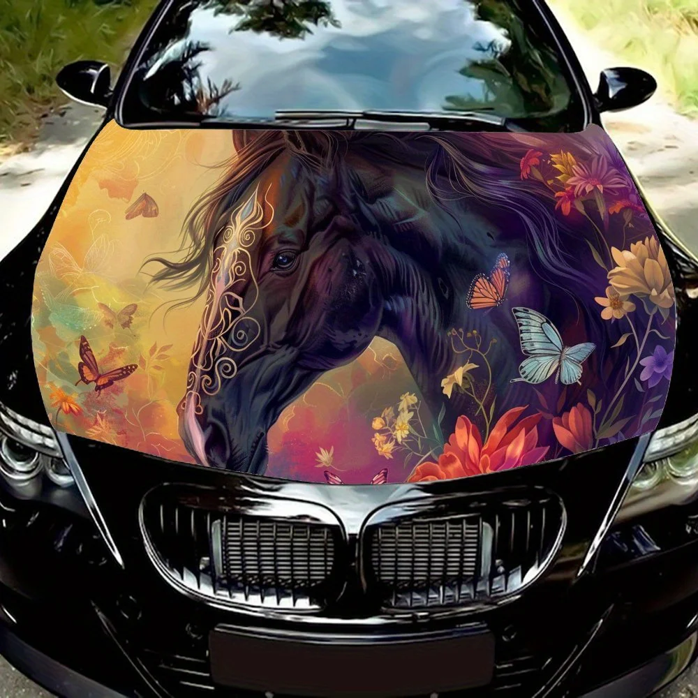 

Romantic Butterflies and Black Horse Car Engine Hood Vinyl Wraps Sticker, Auto Exterior Device, Waterproof Self-adhesive Automot