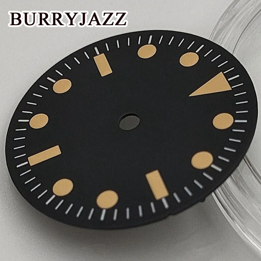 Burryjazz 28.5มม. ไม่มีโลโก้ NH35 ETA2824 NH36 2836 PT5000 Miyota 8215หน้าปัดสีดำหน้าปัดสีเขียวส่องสว่างใส่ได้3นาฬิกากรอบมงกุฎ