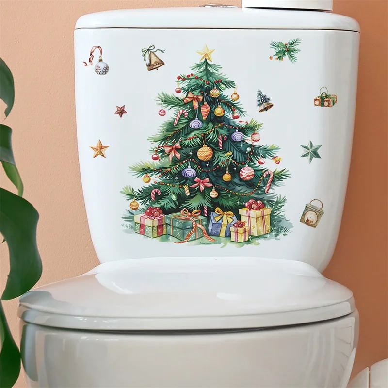 Christmas Tree Toilet Lid Decals Removable Wall Stickers Toilet Seat Cling for Bathroom Party Decorations