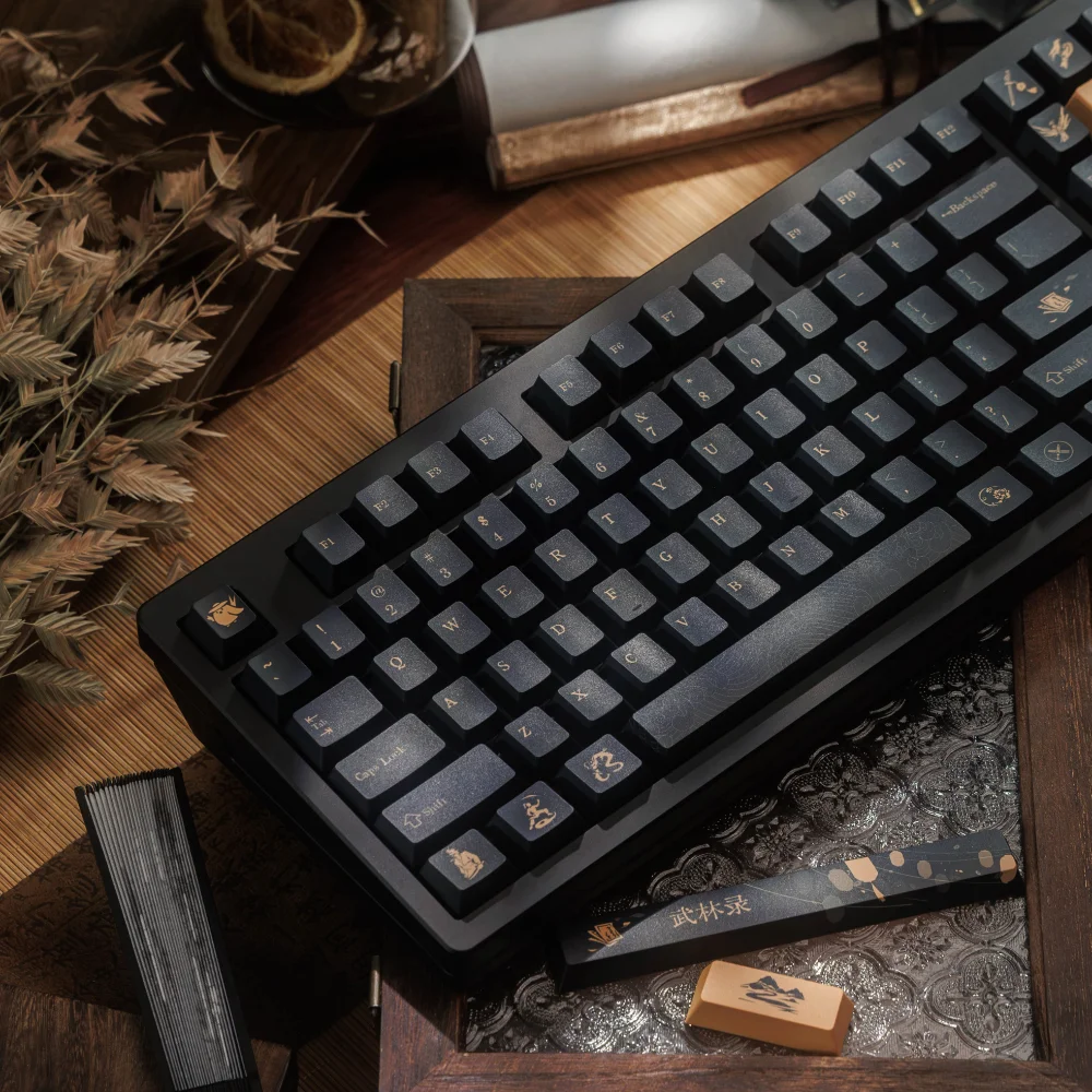 142 مفتاحًا على الطراز الصيني أغطية مفاتيح ذهبية سوداء الكرز الشخصي صبغ التسامي PBT Keycap للوحة المفاتيح الميكانيكية MX 61 75 87 98 104