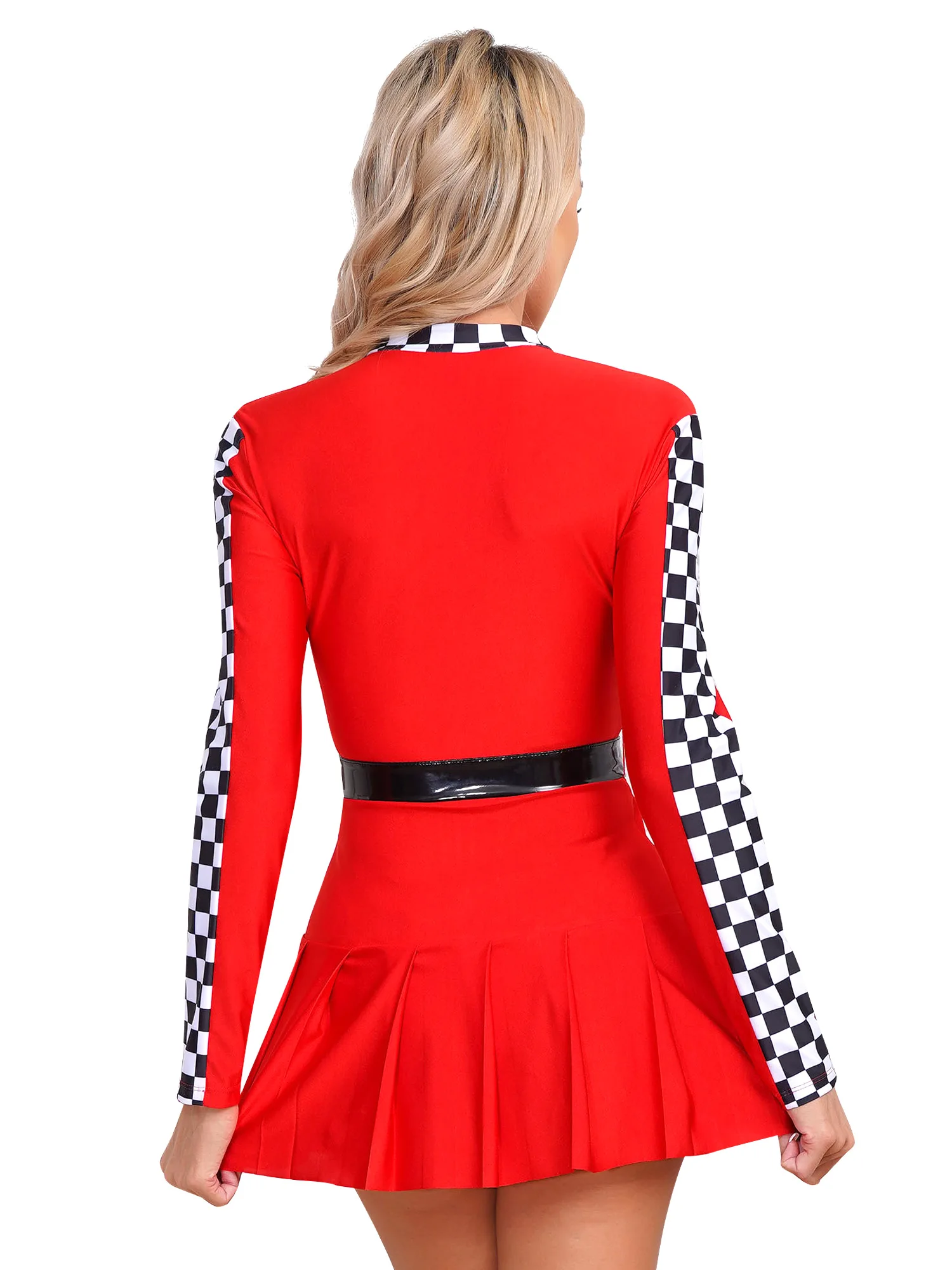 Womens Halloween Race Car Driver Costume Racer Dress Checkerboard Long Sleeve Front Zipper Pleated Skirt Racing Driver Dress