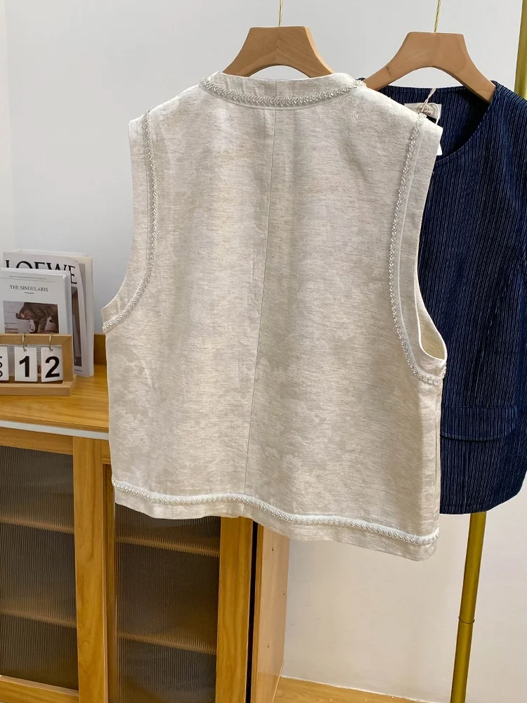 Nieuwe Chinese Sle Heavy Embellied Sequin Jaet Dames Zomer 2025, Seizoensgebonden Faion Gelaagdheid Tanktop Vest met knopen