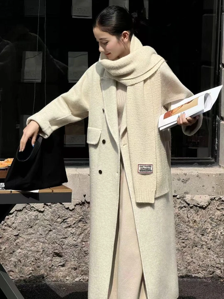 مكتب سيدة السترات الصوفية 2025 الخريف والشتاء دعوى طوق مزدوجة الصدر فضفاضة معطف طويل المرأة 100% الصوف معاطف أبلى #6