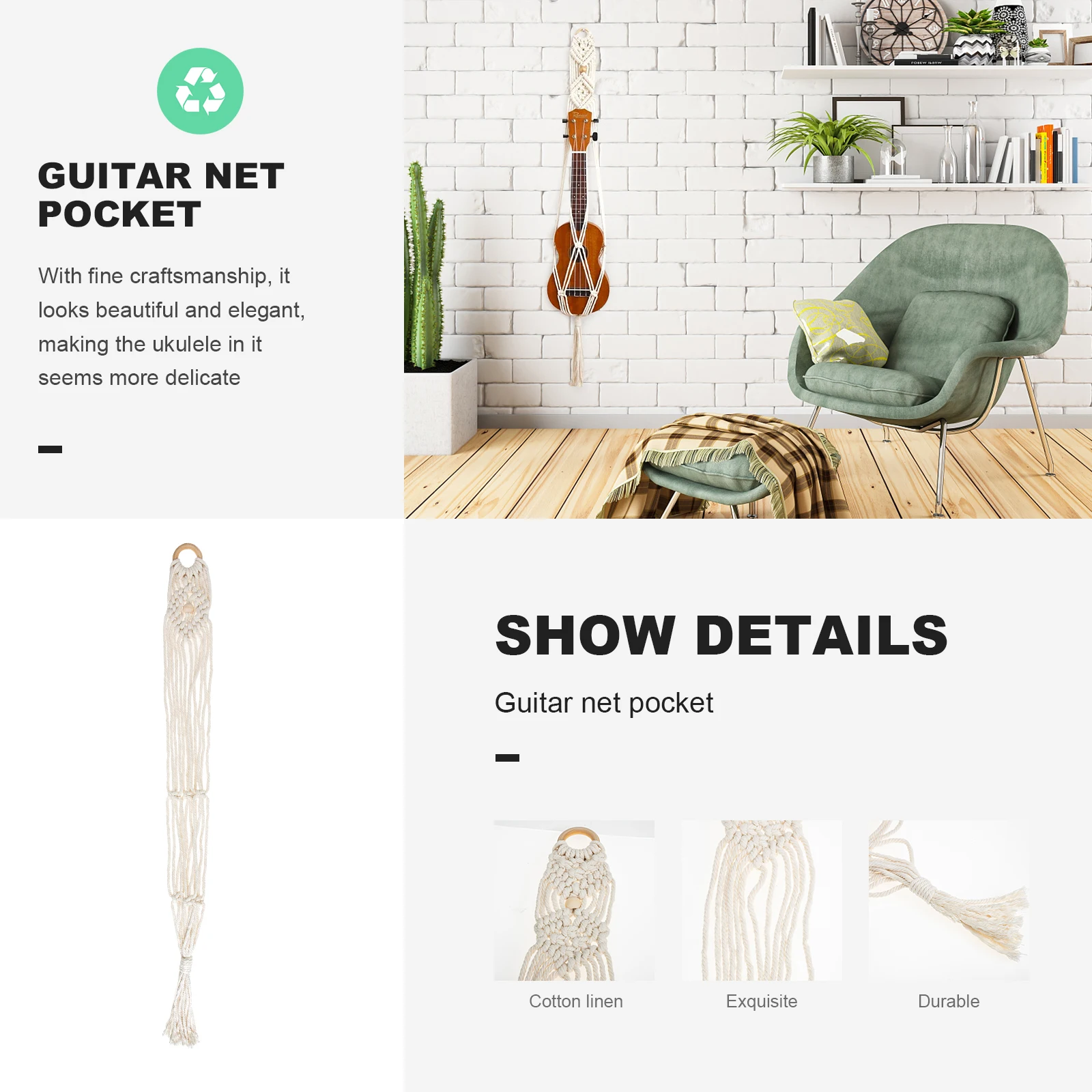 

Guitar Storage Bag 85cm White Wall Mount Ukulele Hanger Cotton Linen Macrame Instrument Accessories +/-3cm Error