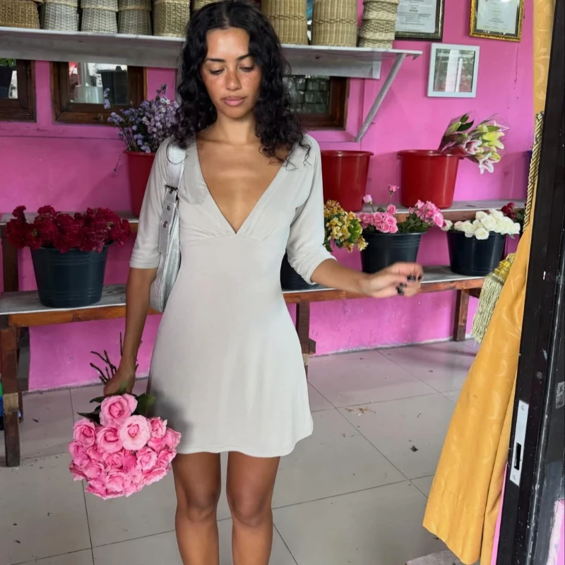 

Tsiisd Fashion V-Neck Elegant Women's Mini Dress Solid High Waist Commute Premium Party Dress Clothes Female Summer Dress New