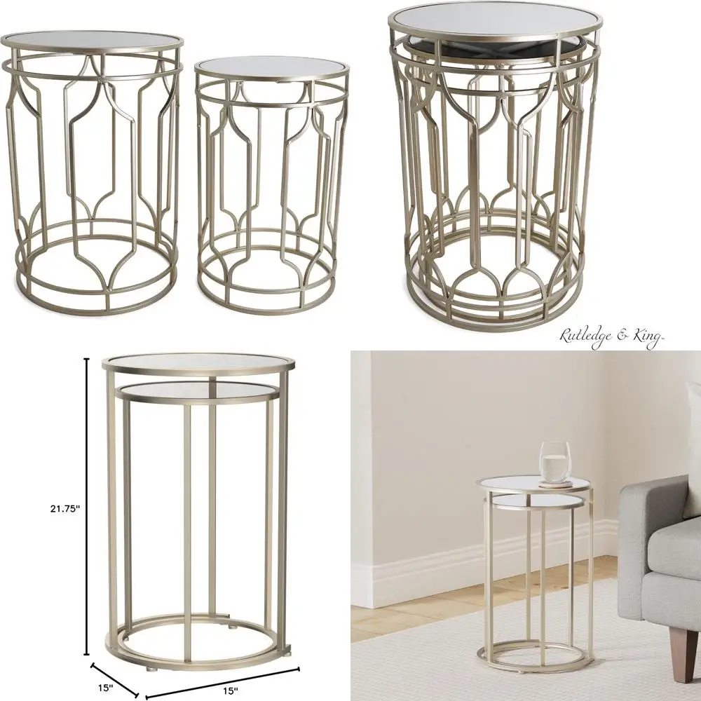 طقم طاولة مستديرة معدنية ذهبية مع قطع علوية مرآة - طاولات متداخلة باللون الذهبي ولمسة نهائية مرآة #1