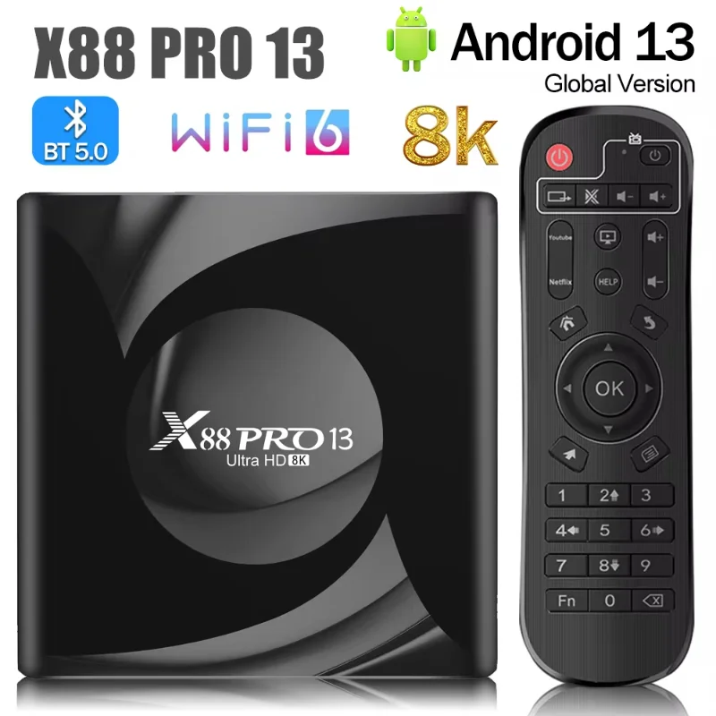 X88 New Smart TV Box Bluetooth 8K Ultra Hd Media Player Remote Control Android 13.0 2/4/16/32/64gbwif Decoder Set-top Box