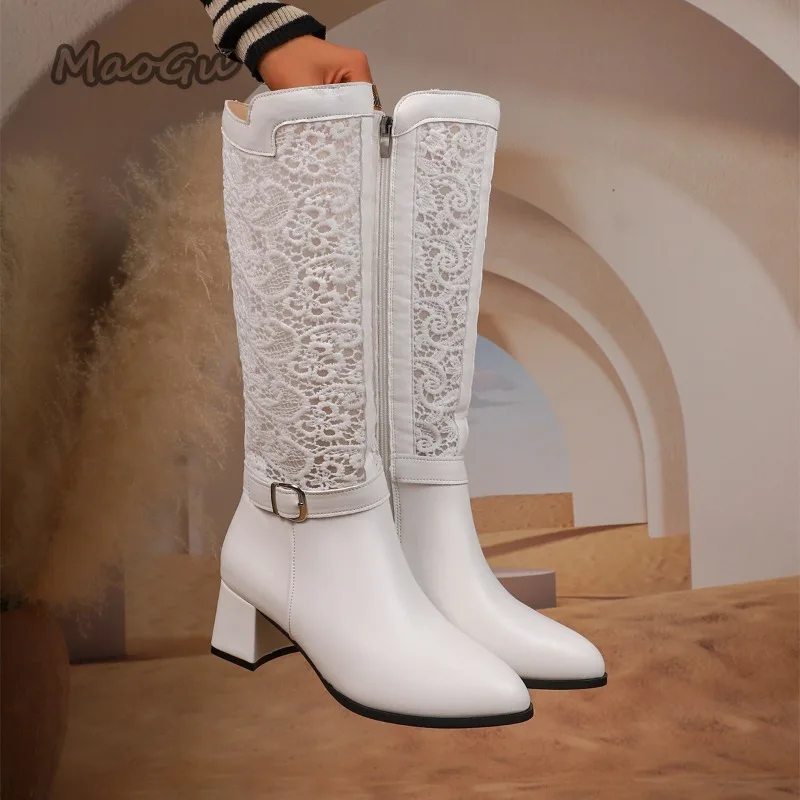 Plus Size 36-42 Women's Pointed Toe Knee High Boots New White Mesh  Breathable High Heel British Style Dress Boots Fashion Ladies - AliExpress  322