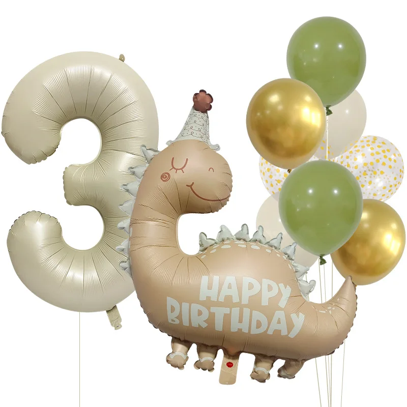 Retro Matte Caramel Colored Dinosaur Aluminum Film Number Balloon Set Happy Birthday Party Decoration Kids Background Photo Prop