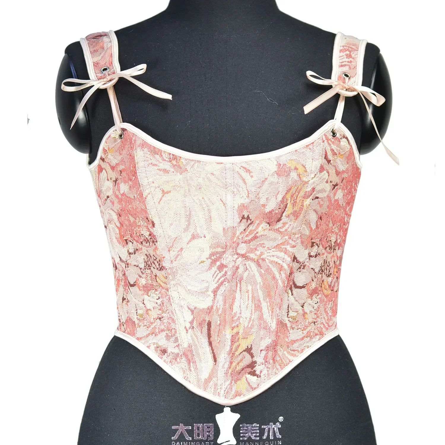 Chrysanthemum Women Pink Corset Tank Top Slimming Body Shaper Lace Up Tied Waist Trainer Girdle Teen Girl Victorian Bustier