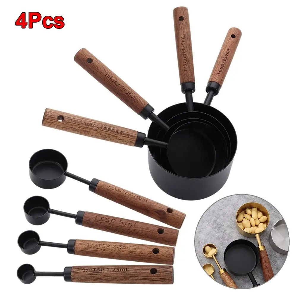 4Pcs Stainless Steel Measuring Cup Spoon Wooden Handle Gold Silver Coffee Measuring Spoon 1.25-250ml Black Baking Tool