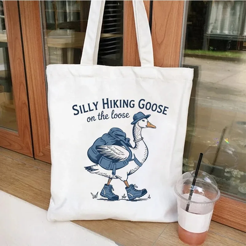 سخيفة أوزة على فضفاض ريترو قماش حمل حقيبة الرجال قابلة لإعادة الاستخدام المتسوق حقيبة Harajuku موضة المرأة أوزة حقيبة كتف حقائب اليد