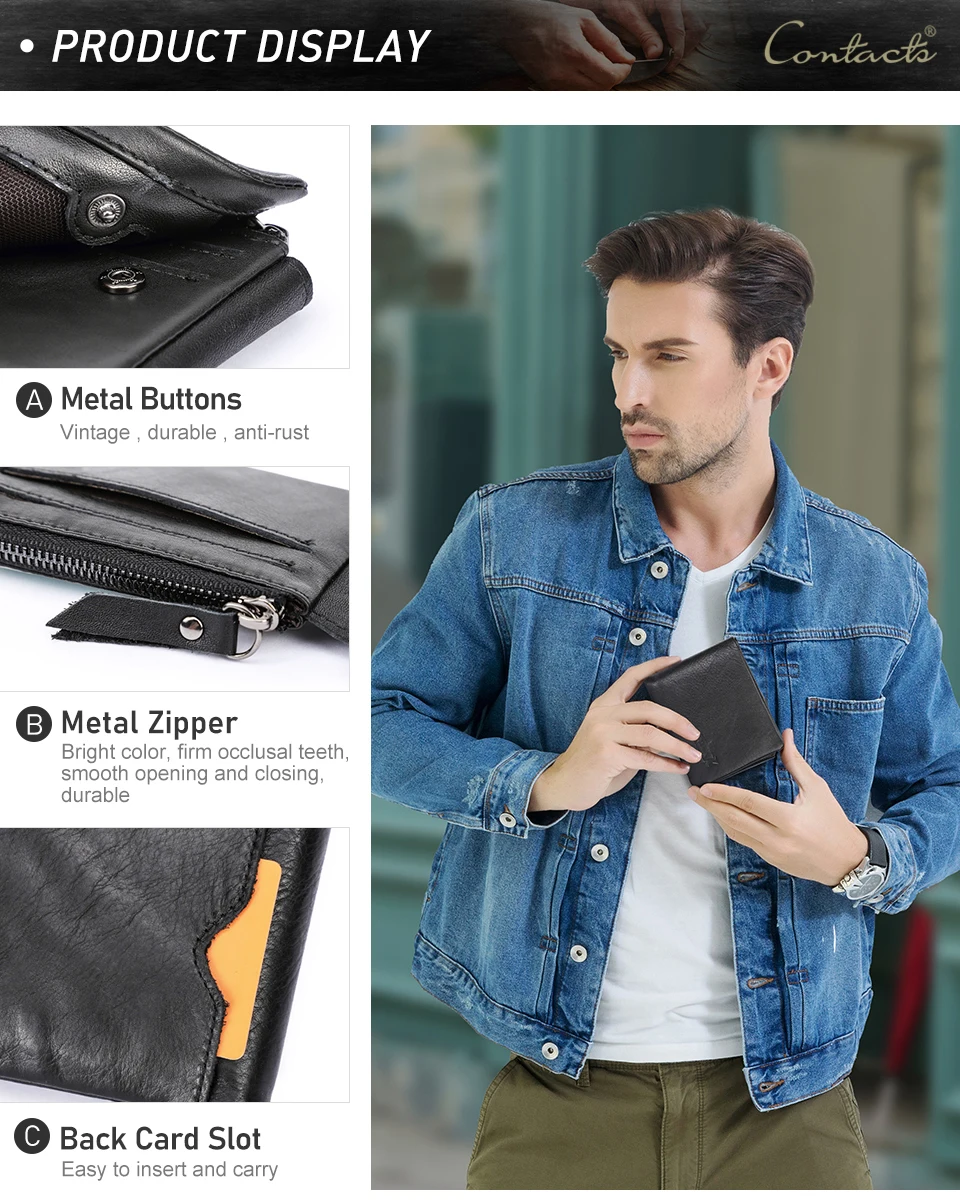 CONTACT'S Echtes Leder Männer Brieftasche Vintage Trifold Haspe Brieftasche Reißverschluss Geldbörse Kartenhalter Geld Clip männer Brieftaschen – Detail 24
