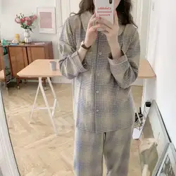 Plaid Sleepwear Women Pajama Sets Korean Piiama Pocket Night Wears Autumn Pants Sets 2 Pieces Button Long Sleeve Home Suit New