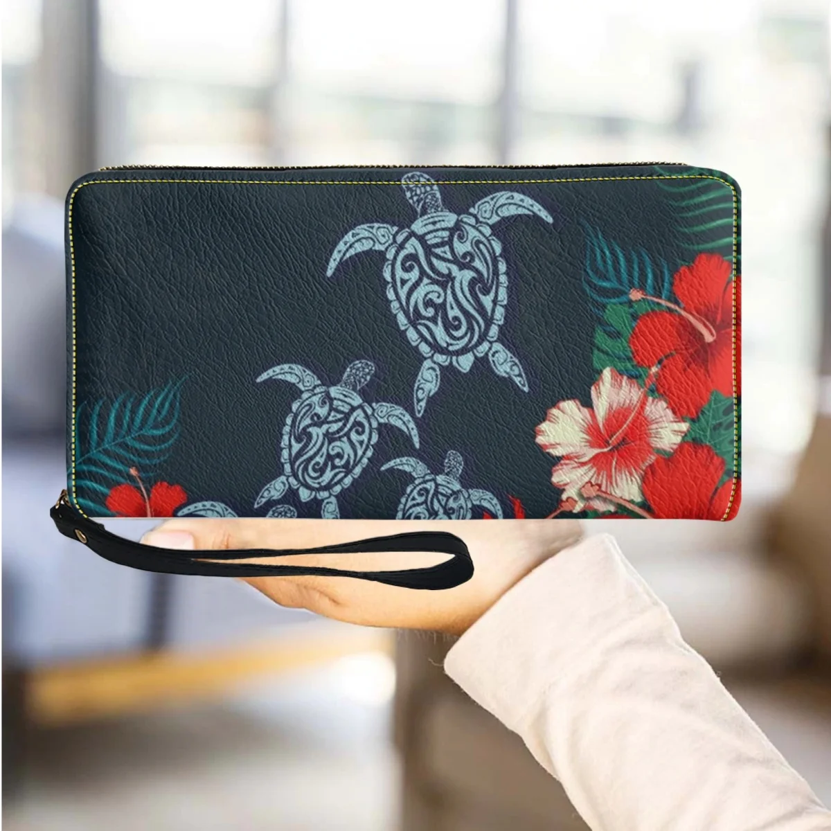 Porte-monnaie imprimé fleur d'hibiscus tortue pour femme, bracelet en cuir PU, commpiedmont, porte-cartes de visite, portefeuille de voyage