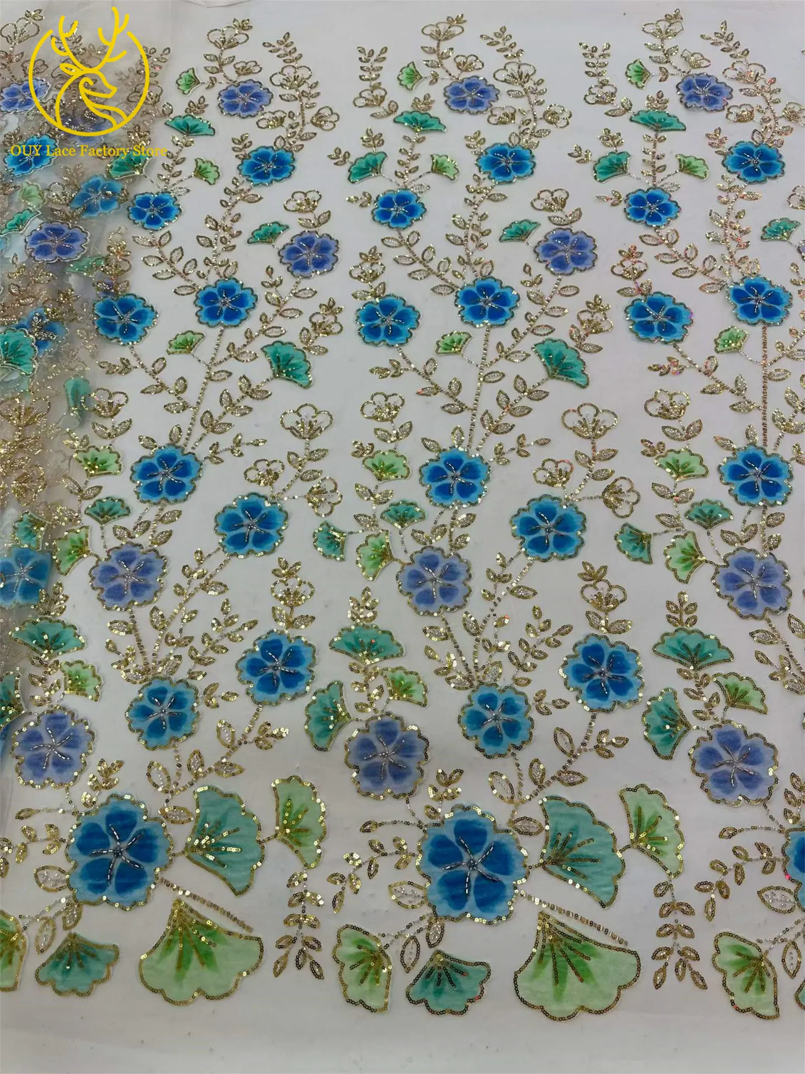 Nigerianischer eleganter Perlen-Blumen-Spitzenstoff, 5 Yards, modischer französischer Spitzenstoff mit goldenen Pailletten für Brautkleider zum Nähen – Detail 6
