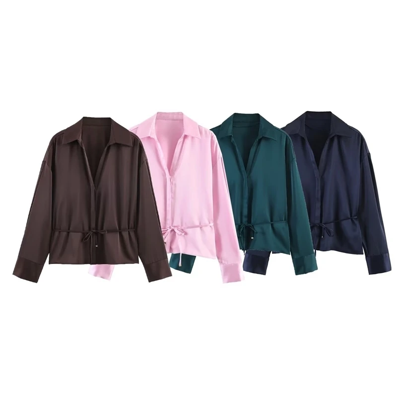 

2026 High Quality Women Fashion Lacing Button Blouses Tops Female Spring New Casual Solid Long Sleeve Satin Office Loose Shirts