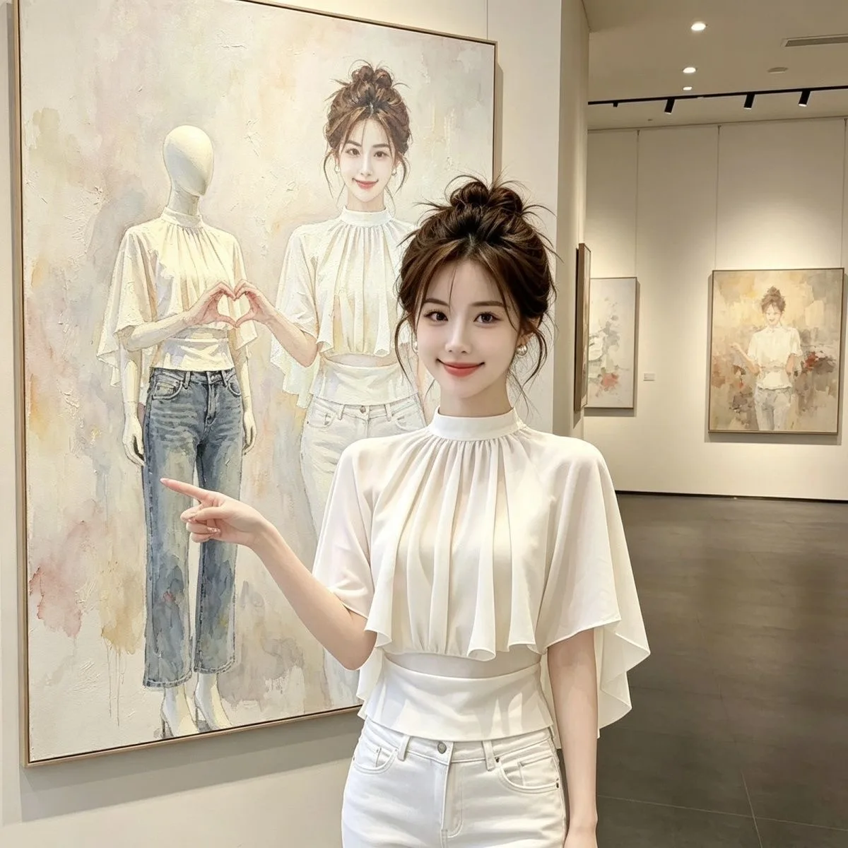Elegant Women's Short Sleeve Shaping Waist Silk Shirt Half High Collar Commute Style Polyester Fabric Breathable Skin-Friendly